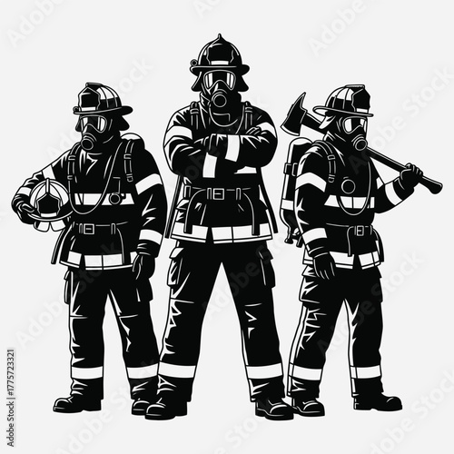 Three Brave Firefighters in Uniform, Ready for Action