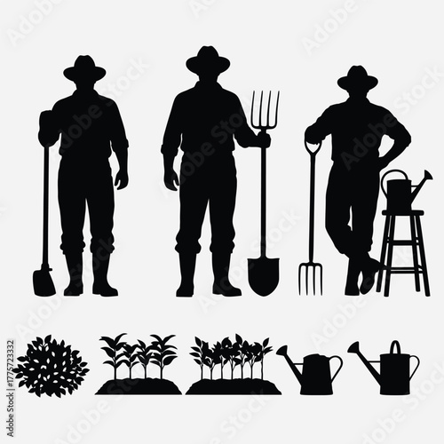 A comprehensive vector set of farmer silhouettes, agricultural tools, and plants for farming and gardening concepts