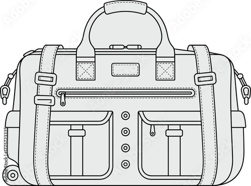 Stylish travel duffel bag illustration, modern luggage design, detailed vector backpack drawing, leather strap carry bag, fashion accessory outline, minimal art