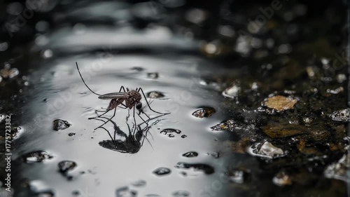 Mosquito in Water Puddle - Close-Up View of Insect and Reflection.