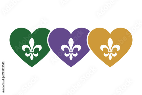 Three hearts with fleur-de-lis symbols in green, purple, and gold stand for love and tradition.