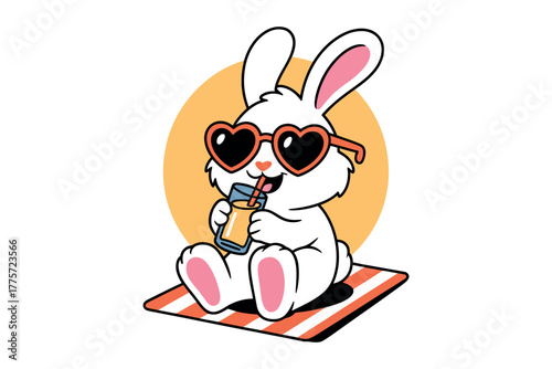 A cartoon rabbit wearing heart-shaped sunglasses drinks juice on a striped mat.