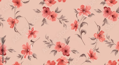 A seamless repeating pattern of delicate watercolor flowers and leaves on a soft background, perfect for textiles or digital papers ,soft ,leaf ,growth