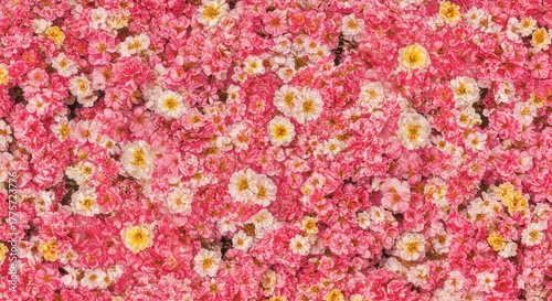 A vibrant, seamless texture featuring many pink, white, and yellow blossoms densely packed together, creating a beautiful spring floral backdrop, closeup, macro, background