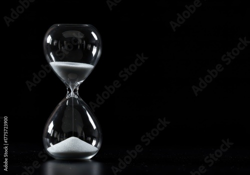 Classic glass hourglass timer standing prominently on a completely black background, emphasizing the fleeting passage of time and deadlines ,abstract ,counting ,erosion
