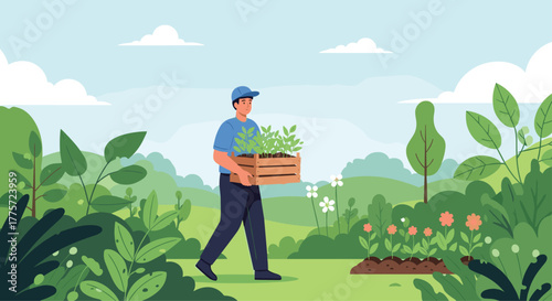 Enthusiastic farmer carrying a wooden crate filled with vibrant green seedlings through a lush garden or field, ready for planting season.