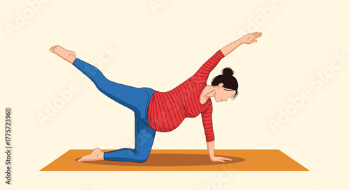 Graceful pregnant woman performing a modified bird-dog yoga pose on an exercise mat, promoting health and wellness during pregnancy.