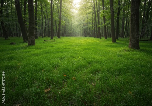 Dense, lush green grass covering the uneven ground beneath towering trees in a wilderness setting, vital for forest ecology and soil stability, lush, conservation, summer
