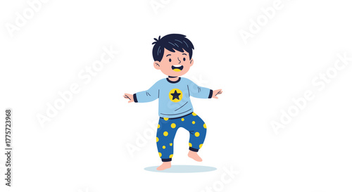 Adorable little boy in blue pajamas with yellow stars, cheerfully smiling and practicing balance on a white background.