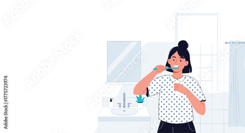 Smiling woman brushing her teeth diligently in a modern bathroom, promoting good oral hygiene and a healthy routine.
