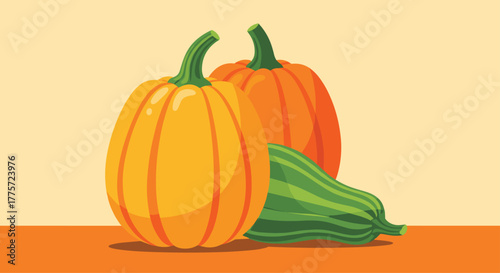 Delightful arrangement of three pumpkins, featuring two classic orange and one uniquely striped green, perfect for autumn decor.