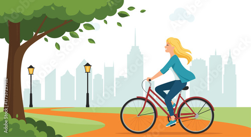 Happy blonde woman enjoying a leisurely bicycle ride on a scenic path in a lush green park with a modern city skyline.