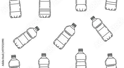 Repeating pattern of various empty plastic water bottles, highlighting the commonality and environmental impact of single-use plastics.
