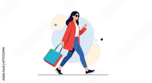 Stylish young woman wearing sunglasses and a red coat, confidently walking with colorful shopping bags after a successful retail therapy session.