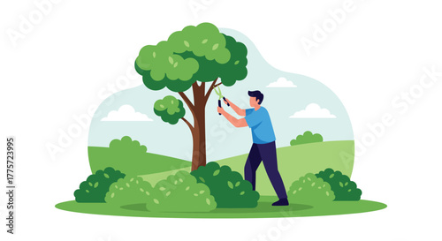 Dedicated man using large pruning shears to carefully trim branches from a small tree in a lush green outdoor environment.
