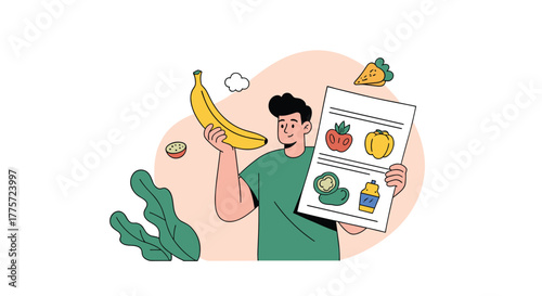 Enthusiastic man holding a fresh banana and a grocery list featuring various vegetables, promoting healthy eating and balanced nutrition.