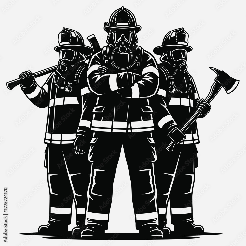 Fototapeta premium A powerful black and white vector illustration of a firefighting team standing together in full protective gear with rescue tools