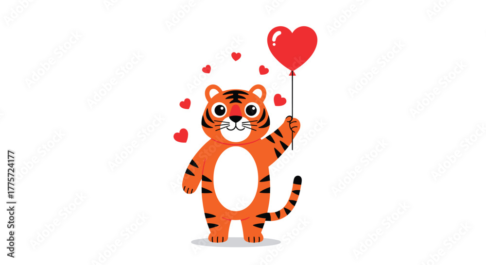 Fototapeta premium Adorable cartoon tiger joyfully holding a vibrant red heart balloon, surrounded by small hearts, symbolizing love and charm.