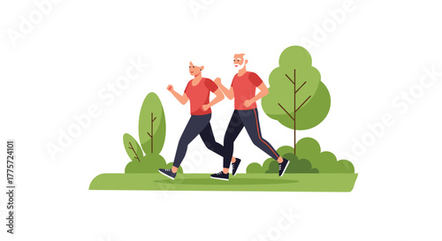 Energetic elderly couple, both fit and active, happily jogging side-by-side in a green park, promoting healthy aging and wellness.