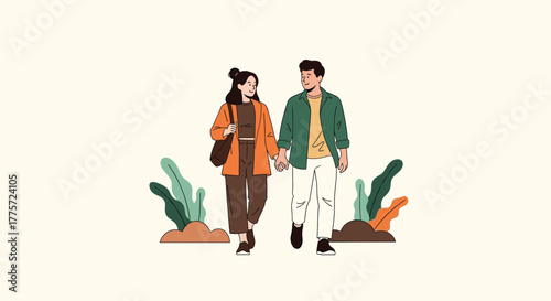 Loving couple holding hands and taking a leisurely walk, enjoying a peaceful moment together amidst simple natural elements.