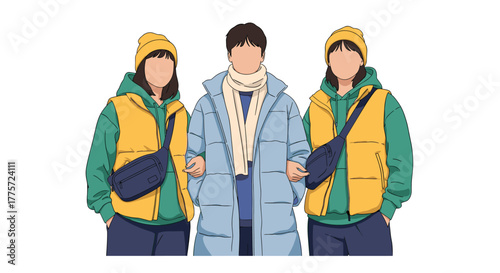 Stylish trio of young people showcasing trendy winter fashion, featuring warm puffy jackets, scarves, and beanies for cold weather.