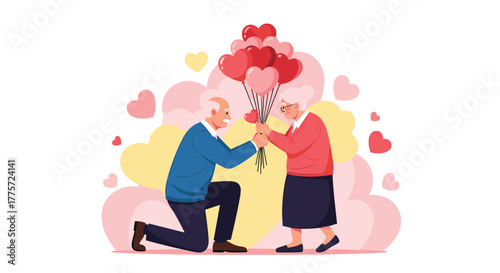 Romantic elderly man kneeling to present a bouquet of heart-shaped balloons to a happy elderly woman, surrounded by floating hearts.