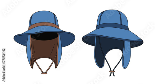 Practical blue sun hat with a protective neck flap, presented in both front and back views, ideal for outdoor activities and sun safety.