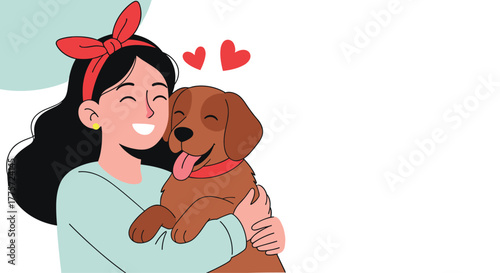 Delighted woman happily embracing her adorable brown dog, with hearts floating around, symbolizing unconditional love and companionship.