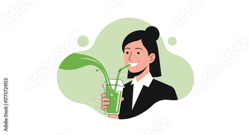 Smiling businesswoman enjoying a refreshing green smoothie through a straw, emphasizing healthy nutrition and a vibrant, active lifestyle.