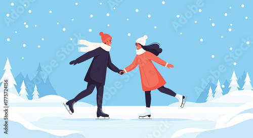 Happy couple gracefully ice skating hand-in-hand in a picturesque snowy winter landscape, surrounded by pine trees and falling snow.
