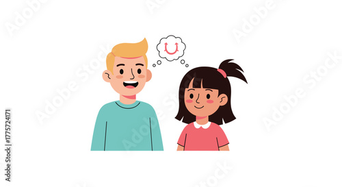 Adorable boy and girl happily conversing, with a thought bubble indicating the boy's positive ideas or joyful reflections.