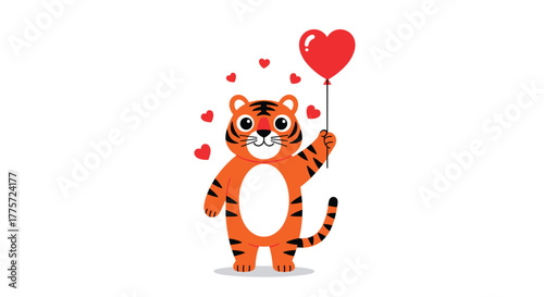 Adorable cartoon tiger joyfully holding a vibrant red heart balloon, surrounded by small hearts, symbolizing love and charm.
