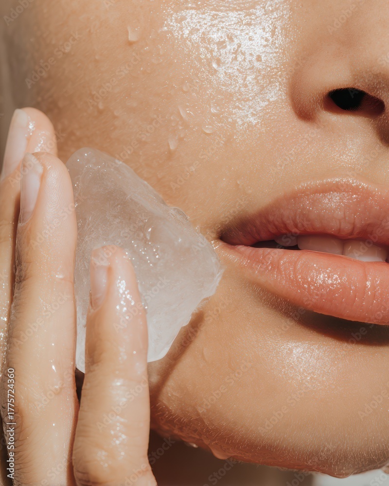 Fototapeta premium Macro beauty photo of woman pressing melting ice cube to her cheek. Glowing skin, condensation drops and soft morning light capture refreshing cryo skincare mood