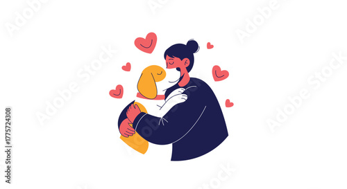Joyful woman affectionately hugging her adorable dog, with hearts floating around, symbolizing deep love, companionship, and happiness.