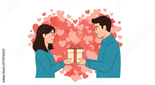 Cheerful couple exchanging a beautifully wrapped gift on a special occasion, surrounded by a backdrop of flying hearts and expressions of love.
