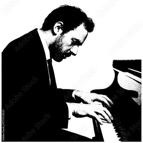 Piano player, retro xerography halftone engraving black and white vintage jazz music photo art isolated on transparent background