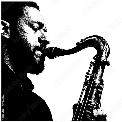 Saxophone player, retro xerography halftone engraving black and white vintage jazz music photo art isolated on transparent background