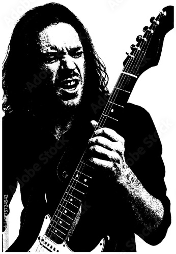 Electric guitar player, retro xerography halftone engraving black and white vintage rock music photo art isolated on transparent background
