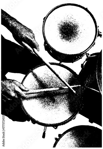 Drummer playing drums, retro xerography halftone engraving black and white vintage music photo art isolated on transparent background