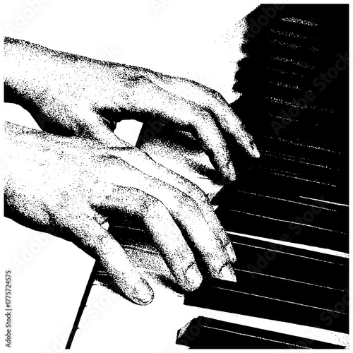 Piano player hands, retro xerography halftone engraving black and white vintage music photo art isolated on transparent background