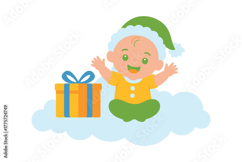 A smiling baby wearing a green hat sits on a cloud next to a gift box.