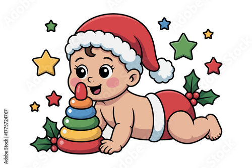 A baby wearing a Santa hat plays with a colorful stacking toy surrounded by stars and holly.