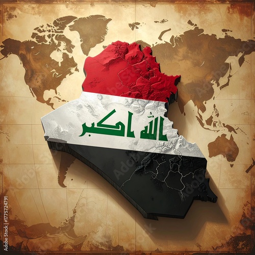 Iraq outline stands out in vibrant colors on a vintage world map. The design highlights the country geography and cultural significance.