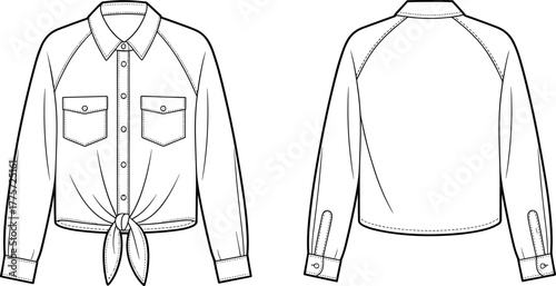 Women's fashion technical illustration, long sleeve shirt, front and back view, raglan sleeve, chest pockets, tied hem, button cuffs