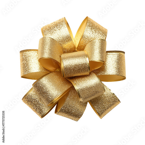 golden paper ribbon bow isolated on white or transparent background Christmas birthday holiday gold bow