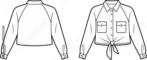 Women's shirt fashion sketch, long sleeve blouse, front and back view, raglan sleeve, chest pockets, tied hem, button cuffs