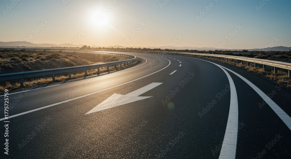 Fototapeta premium An empty asphalt highway curves sharply to the right, illustrating a clear directional change in the transportation system route concept, rural, traffic, speed