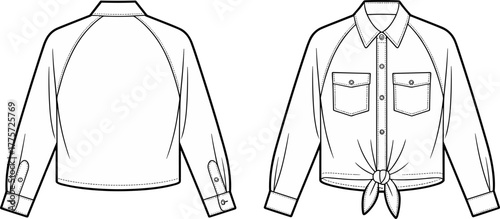 Women's shirt technical sketch, long sleeve blouse, front and back view, raglan sleeve, chest pockets, tied hem, button cuffs