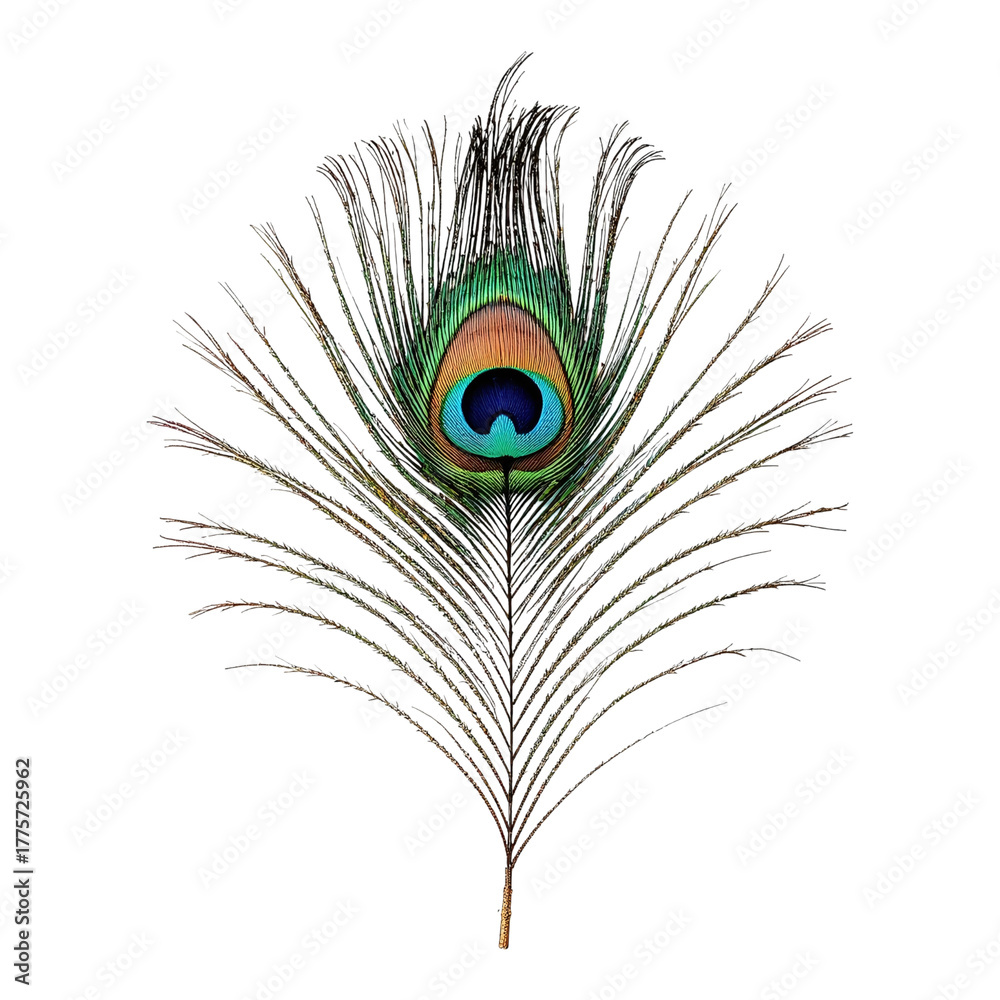 Obraz premium Peacock feather with vibrant eye pattern elegant plumage decoration isolated on transparent background
