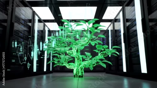 Futuristic data center with a glowing tree symbolizing technology and nature